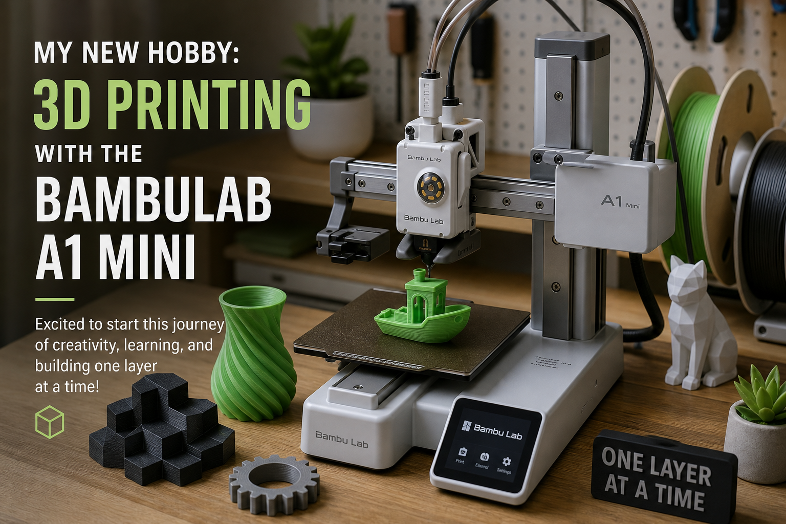 Werbung für den Bambu Lab A1 Mini 3D-Drucker mit dem Slogan „One layer at a